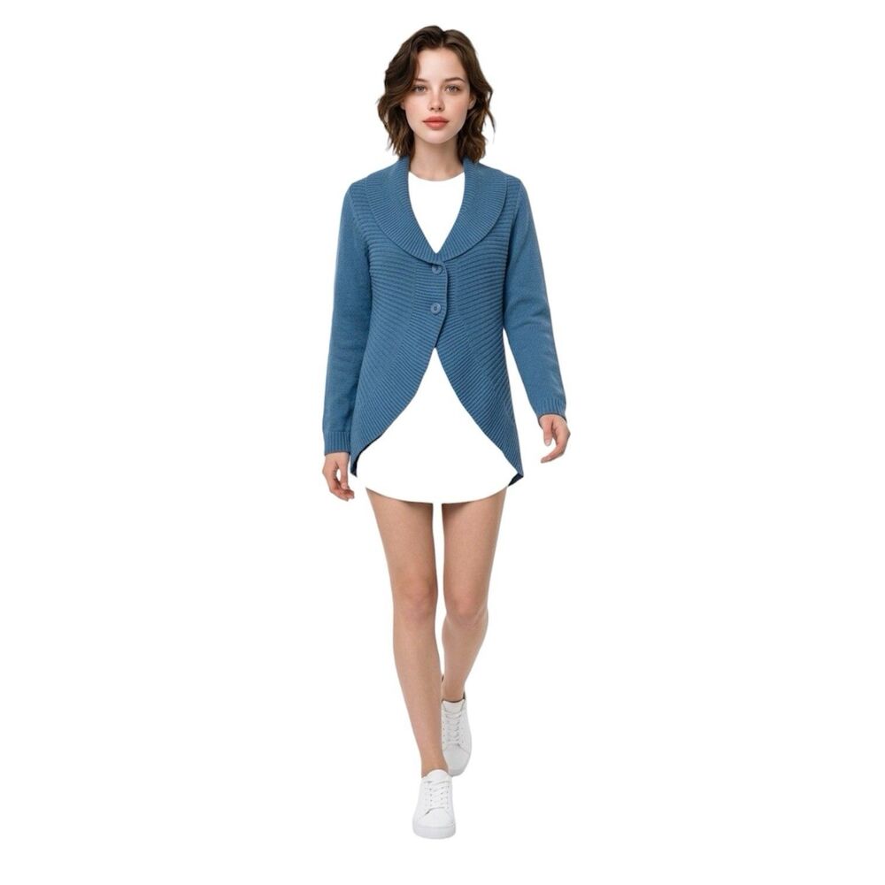 Women’s Motto Blue Shawl Collar Cardigan Sweater Size S Acrylic Wool - Picture 2 of 16